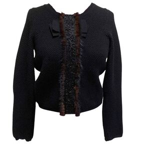 Tara Jarmon 100% Chic Wool Black Sweater with Ribbon Bow & Fur Accents🖤✨️